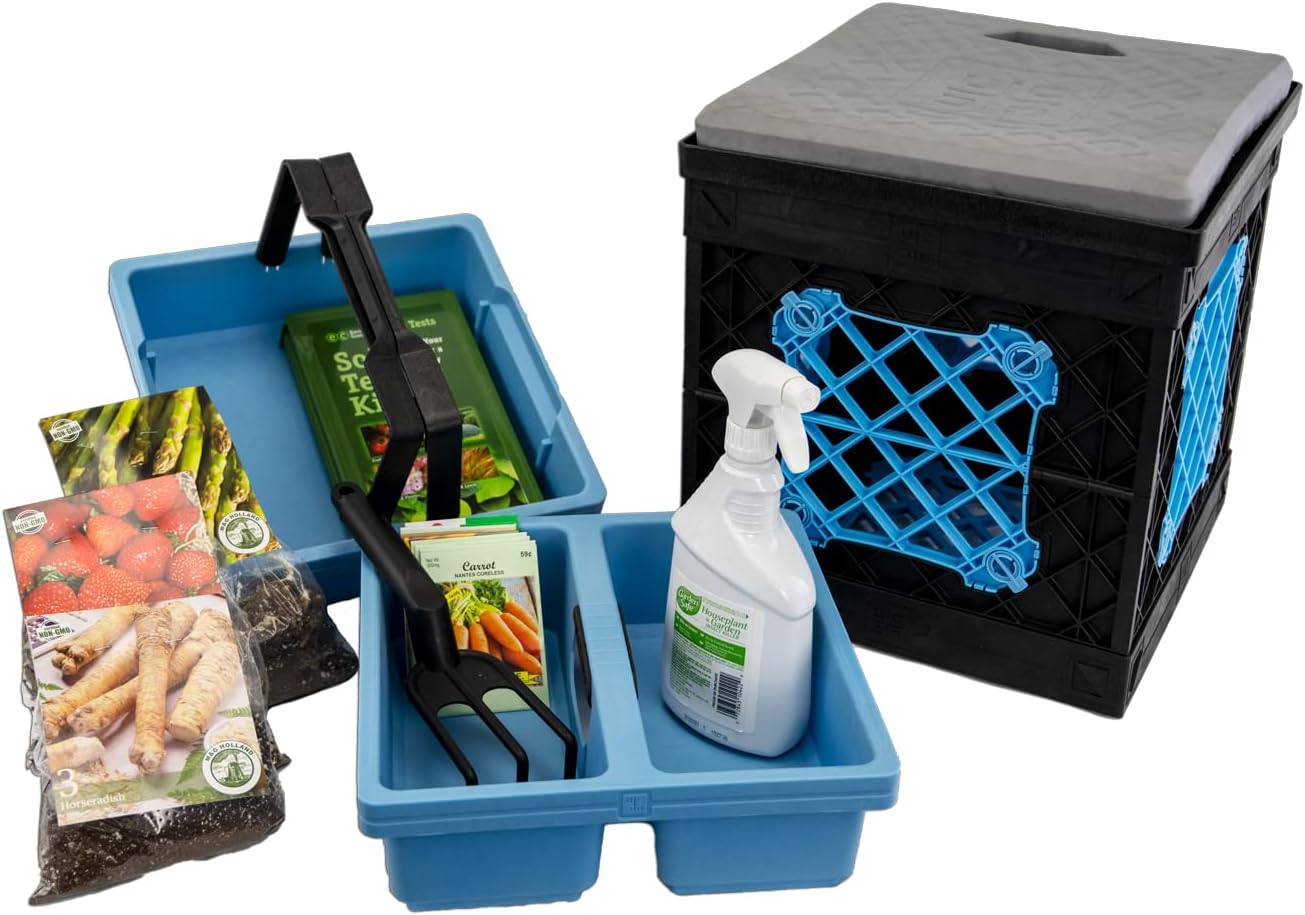 CrateGardner - Modern Black Rectangular Garden Storage Crate with Seat Topper, Cushion, and Two Drop-in Trays (Sky Blue)