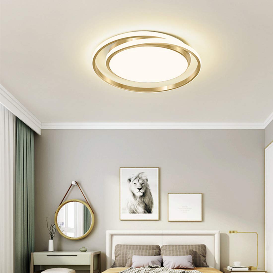 Schlafzimmer Deckenleuchte mit Fernbedienung, LED Dimmbar, Golden Deckenlampe Modern Wohnzimmer, Rund Ring Design, Minimalistisch Kronleuchter für Esszimmer Studierzimmer Art Deko Beleuchtung (Ø45cm)