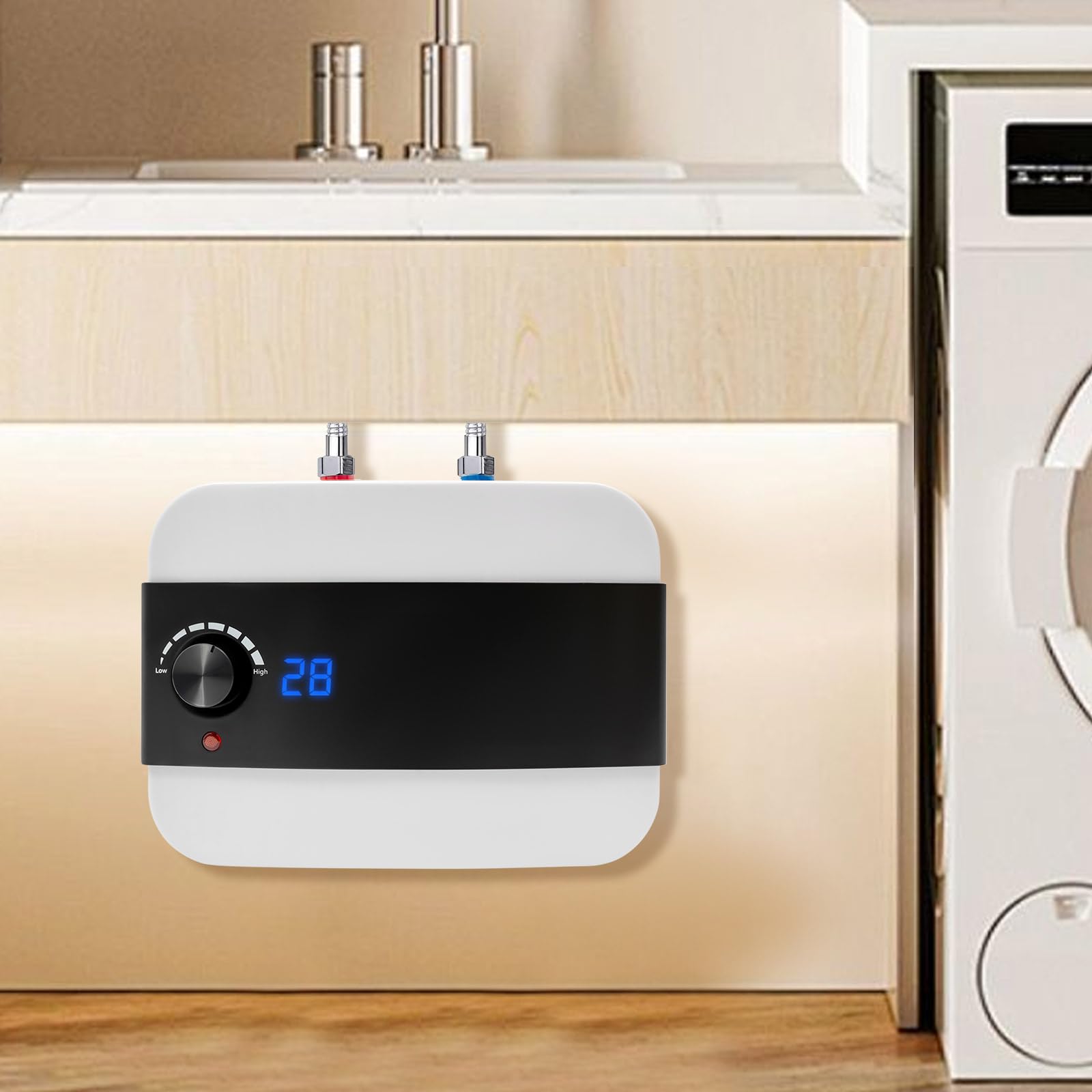 Elektrische mini-tank-boiler, doorstroomboiler, voor badkamer, balkon, keuken, kapperswinkels, wit/zwart, 32,5 x 22 x 23 cm