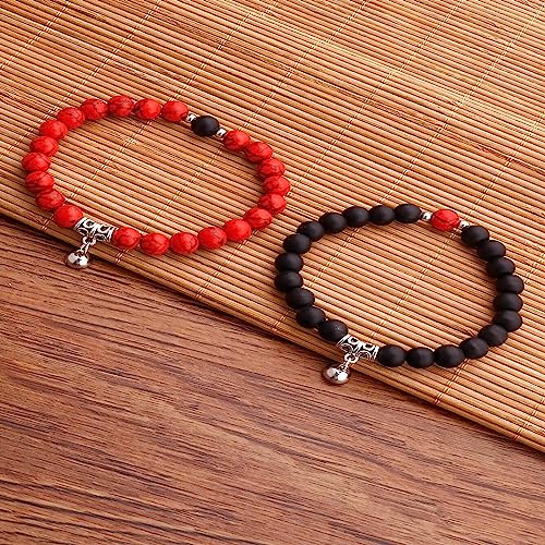 Image of Fashion Frill Stylish Couple Bracelets Black & White Red Natural Stone Onyx Stretchable Wrist Band Heart Magnetic Bracelet For Women Men Boys Girls Love Gifts Friendship Promise Bracelets