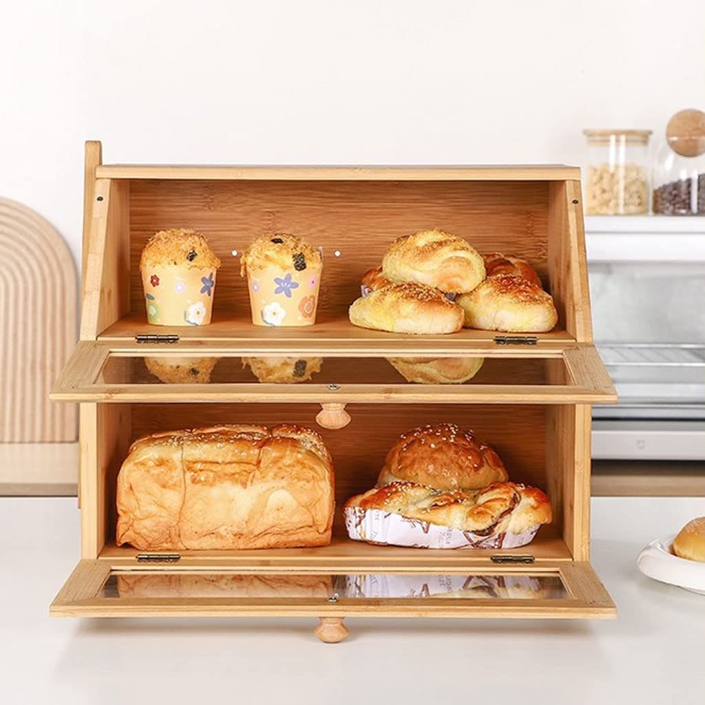 LIOONS Panera, panera Doble de Madera, Almacenamiento de Pan de Gran Capacidad con Ventana de Vidrio, Soporte para Pan