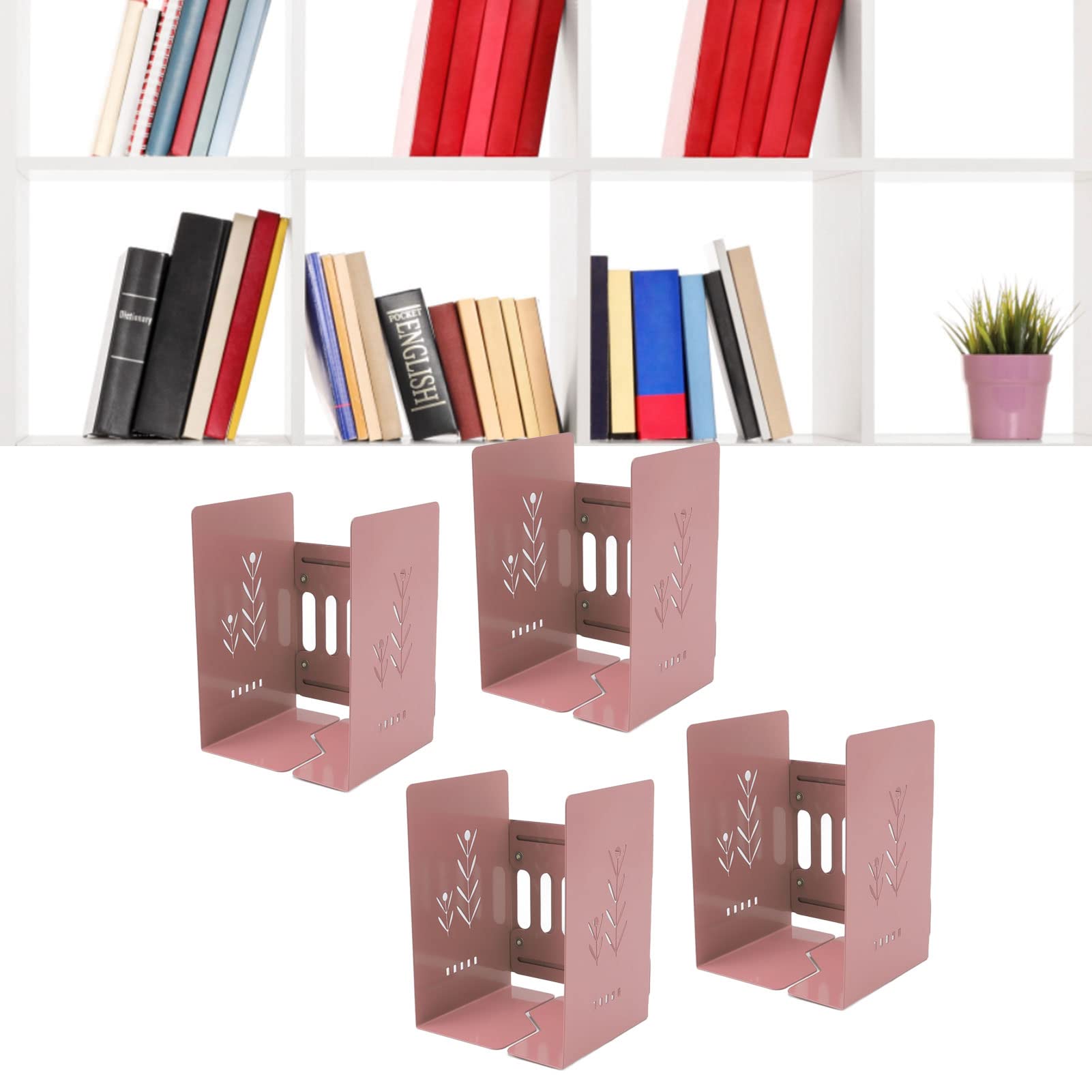 Qcwwy Supporti per Fermalibri in Metallo da 4 Pezzi, Organizer per Scaffali per Libri Retrattili, Grande Portante, Fermalibri Regolabile e Sottile, Salvaspazio, per Desktop, per Ufficio, (rosa chiaro)