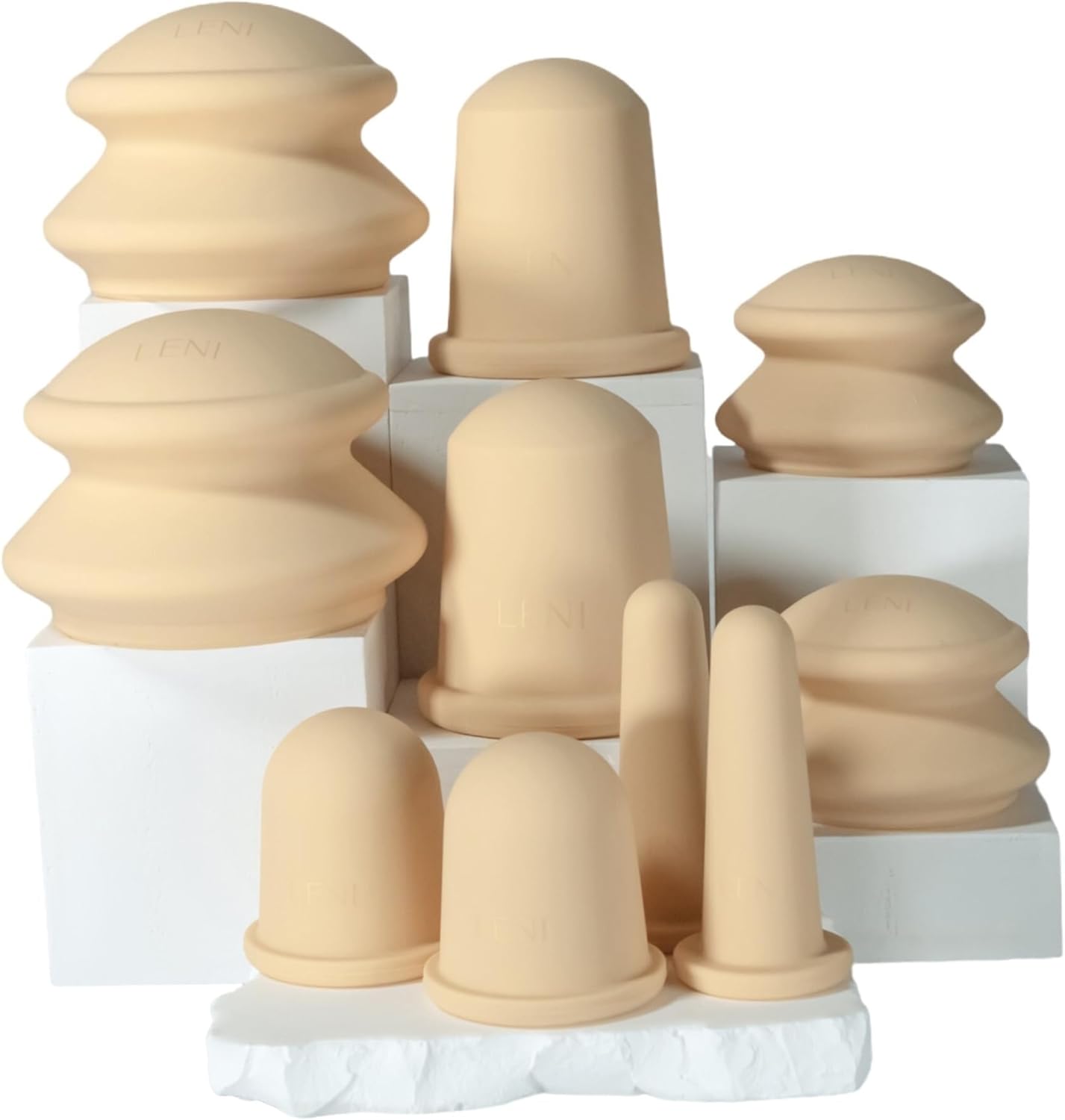 LENI The Face & Body Cupping Set, Cupping Kit for Massage Therapy and Lymphatic Drainage, Hypoallergenic Silicone Suction Cups for Cellulite, Muscle and Myofascial Release, 10Pcs, 5 Sizes, Natural
