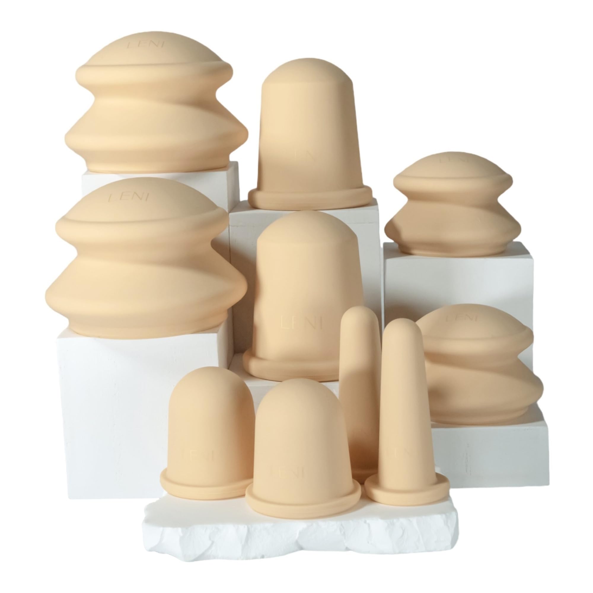 LENI The Face & Body Cupping Set, Cupping Kit for Massage Therapy and Lymphatic Drainage, Hypoallergenic Silicone Suction Cups for Cellulite, Muscle and Myofascial Release, 10Pcs, 5 Sizes, Natural