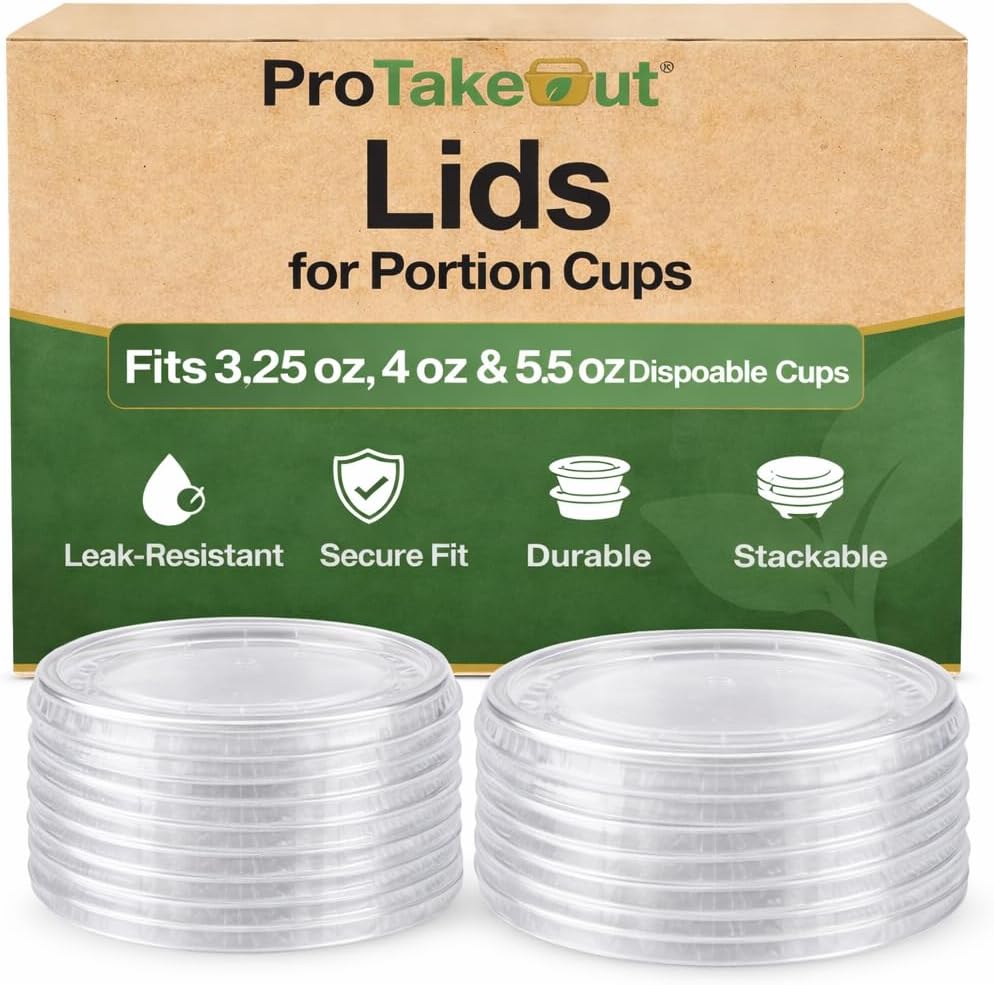 Lids for 3.25, 4 & 5.5 oz Portion Cups – Clear Plastic Disposable Leak-Resistant Covers for Sauce & Condiment Cups, Secure Snap-Fit, Stackable Food-Safe Cup Lids for Takeout & Food Prep