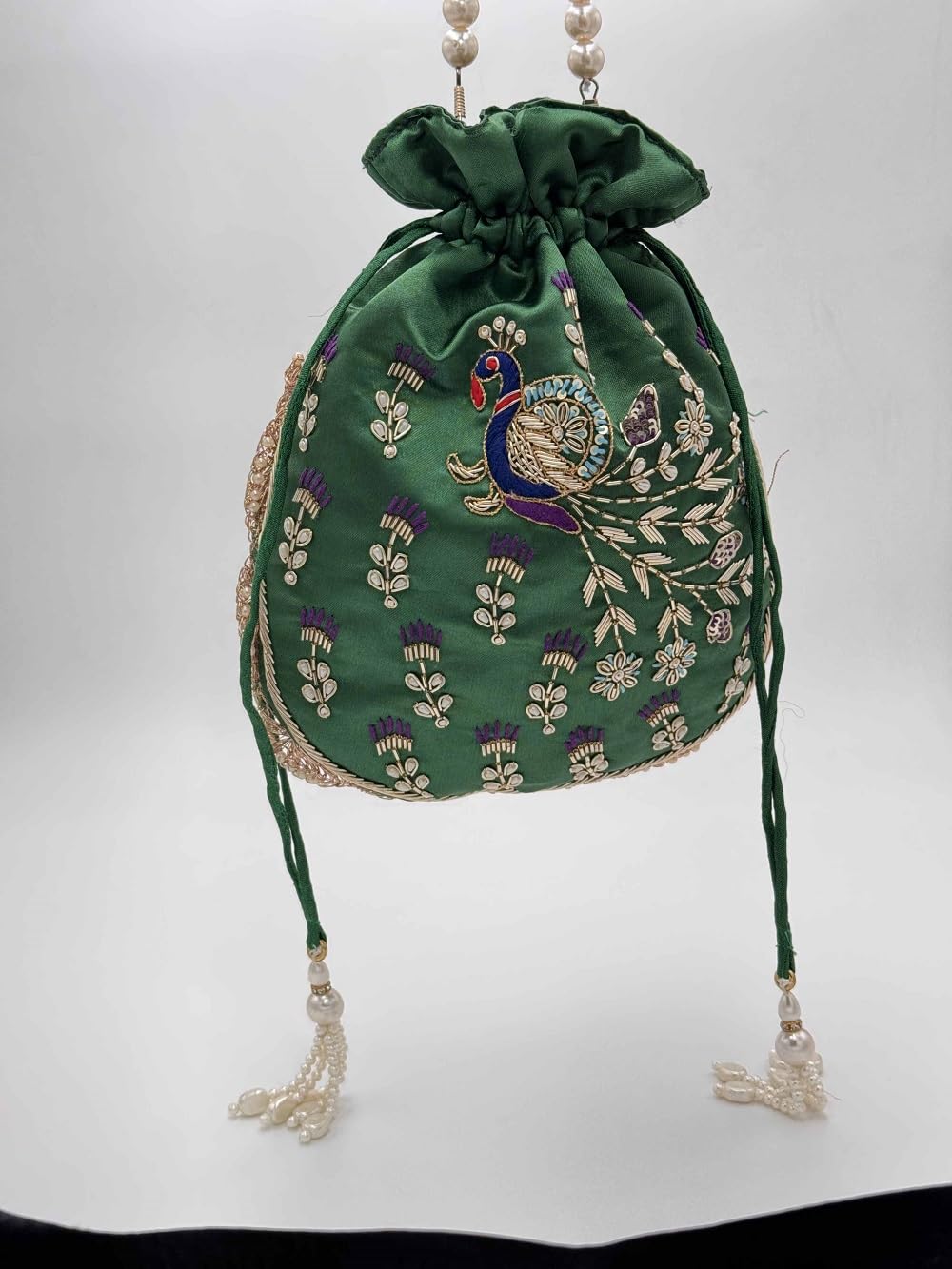 Amayra Luxe Embroidered Peacock Potli Bag for Women & Girls | Designer Batwa Handbag with Beaded Handle & Drawstring Closure | Festive & Wedding Shagun Pouch | Traditional Ethnic Purse (Green) 3