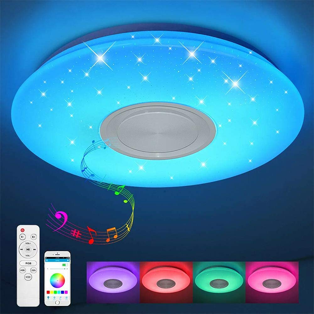 Vetrineinrete® Plafoniera a led rgb dimmerabile con cassa bluetooh 62 watt effetto cielo stellato con telecomando luce bianca calda naturale X13