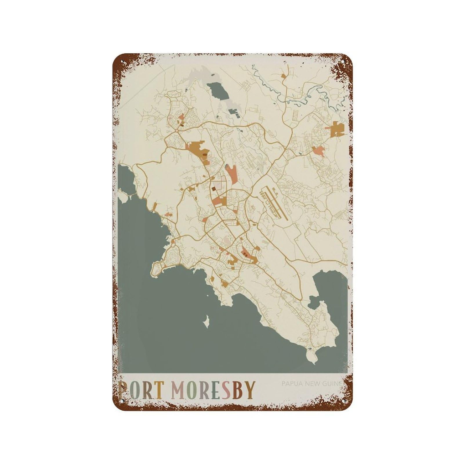 xiaoxiaoshen Port Moresby Map Papua New Guinea Wall Decor Art Metal Tin Poster Modern Home Decor Art Home Bar Shop Decorations Vintage Sign 30x20cm