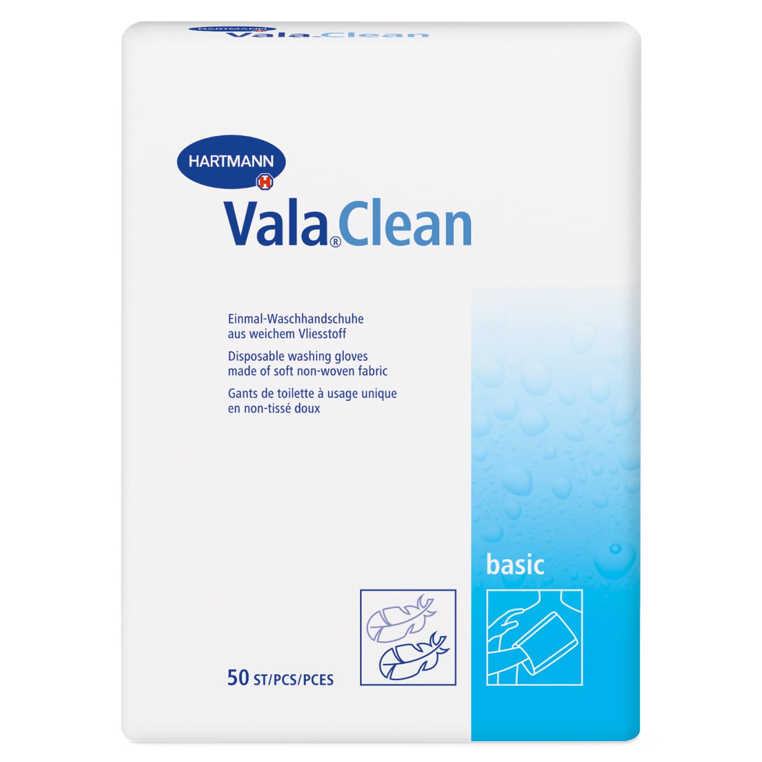 Molicare Hartmann Valaclean Set de 50 Guantes de baño de Tela no Tejida, Tacto Suave, 15 x 23 cm