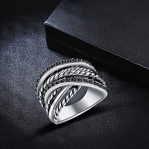 Vintage Wide Ring Classic Black Marcasite Crystal Rows Statement Silver Chunky Rings4