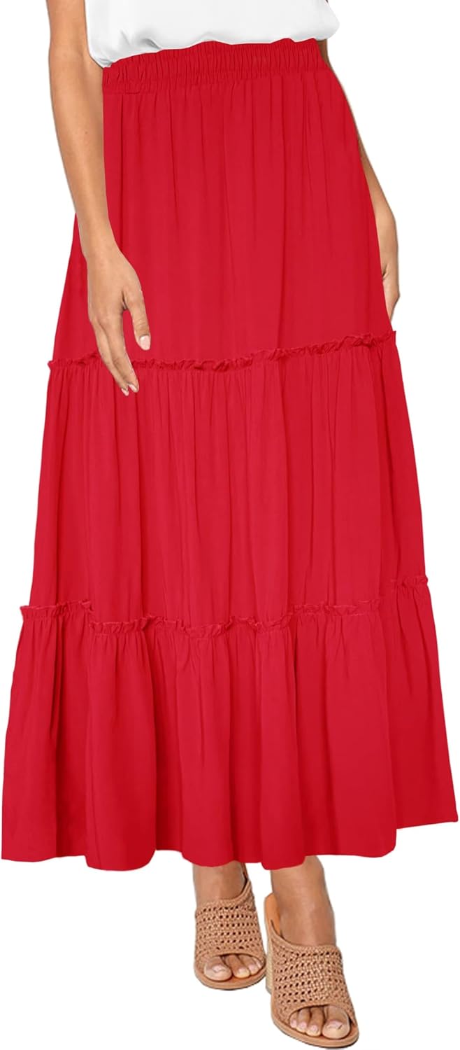 Afibi Womens High Waist A Line Ruffle Swing Long Maxi Skirt with Pockets