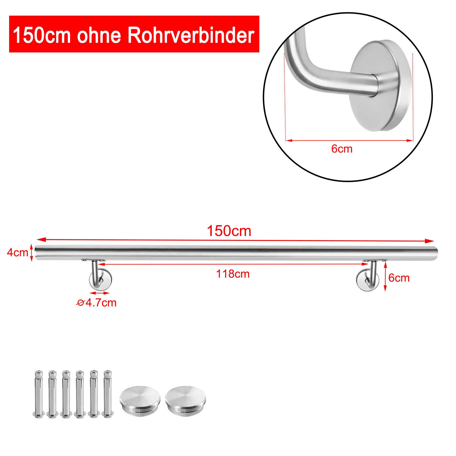 Aufun Corrimano Scale in Acciaio inox 150cm per corrimano esterno, balcone, parapetto Fissaggio a Muro, tasselli di Metallo - Aspetto inossidabile