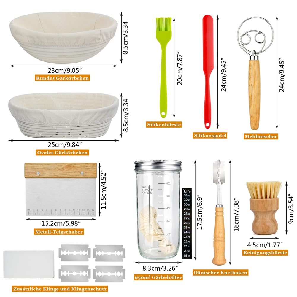 Set Cestino Lievitazione Pane in Rattan Naturale (25cm Ovale + 23cm Rotondo) con Tela di Lino, Raschietto Pasta e Accessori - per Casereccio e Porta Pane da Tavola