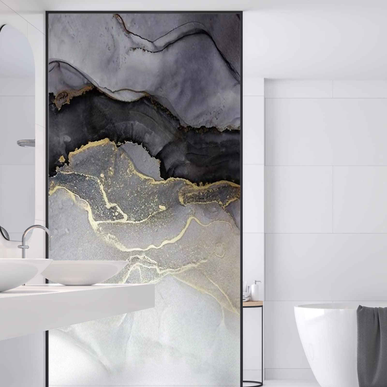 Window Film Privacy, 3D Privacy Window Film, Frosted Cling Films, black gold gradient Static Cling, No Glue Self Adhesive Glass Stickers for Bathroom Shower Door Heat Cotrol Anti UV 45 x 200 cm