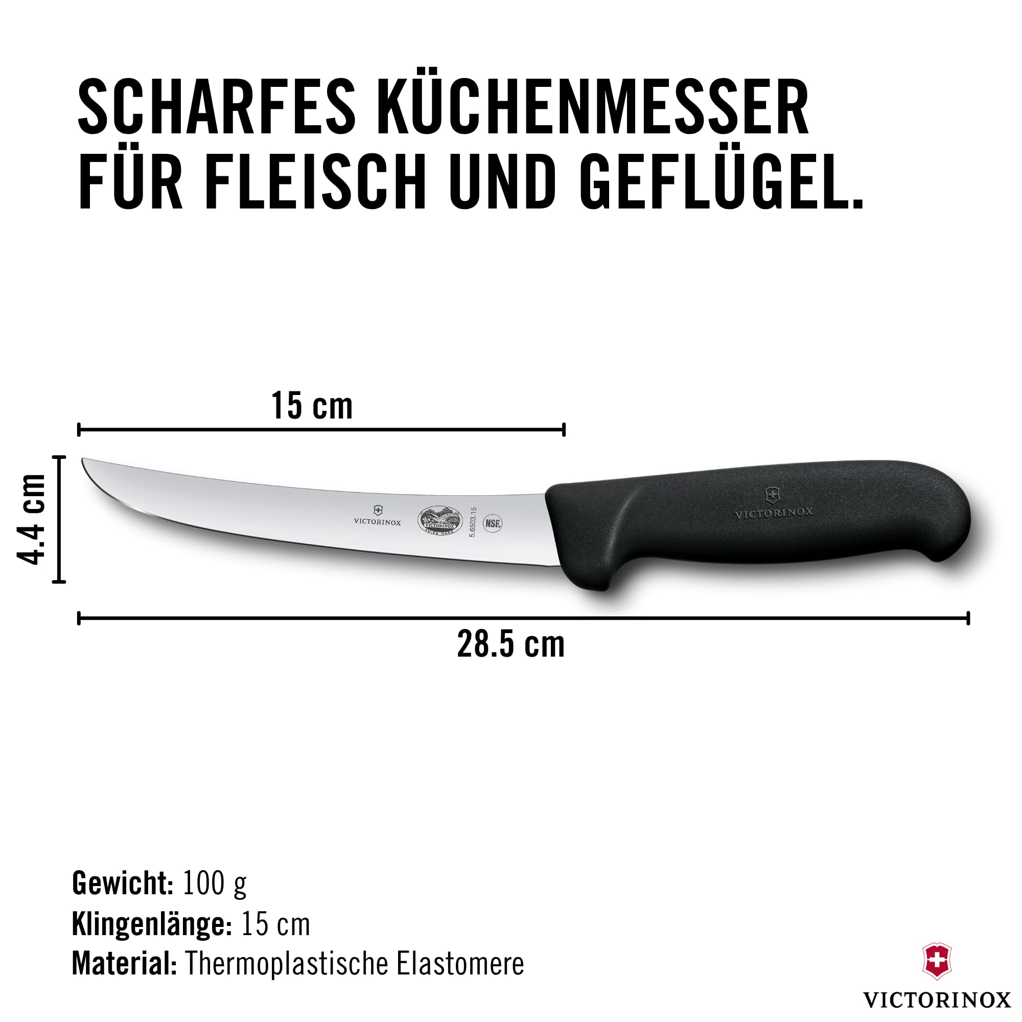 Victorinox Fibrox Ausbeinmesser, Scharfes Küchenmesser für Fleisch und Geflügel, 15 cm, Gebogene Klinge, Schmal, HACCP geeignet, Rutschfest, Schwarz