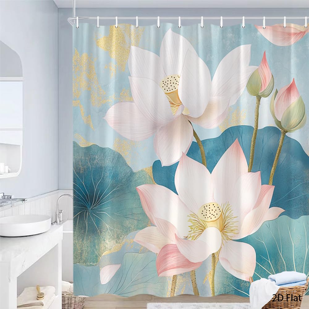 Glwdmb S-19 1 Piece 180X220cm Beautiful Lotus Flowers Printed Shower Curtain With Hook, Polyester, For Windows And Walls, Bathtub, Bathroom, Machine Washable, All Season Universal