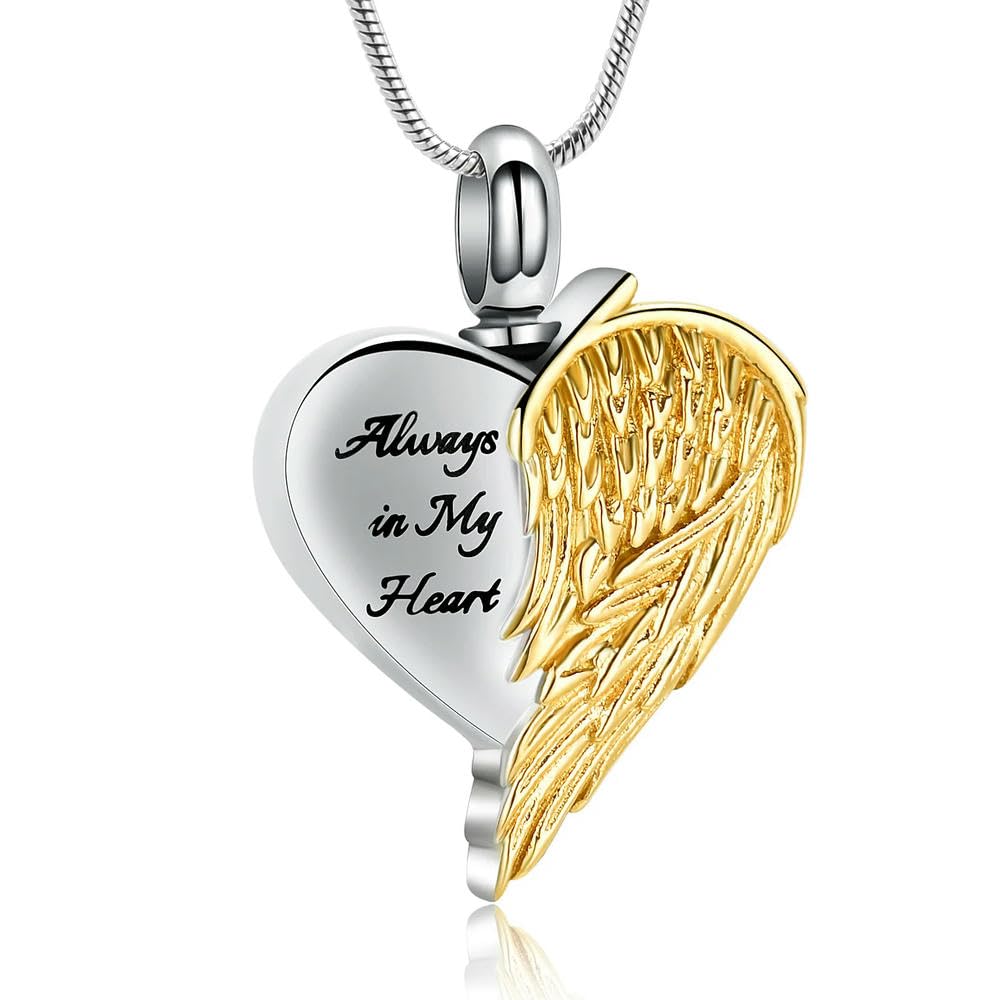Mypower Women's Gold Angel Wings Urn Necklaces For Ashes For Heart Cremation Jewelry For Ashes Always In My Heart Keepsake Pendant Urn Locket