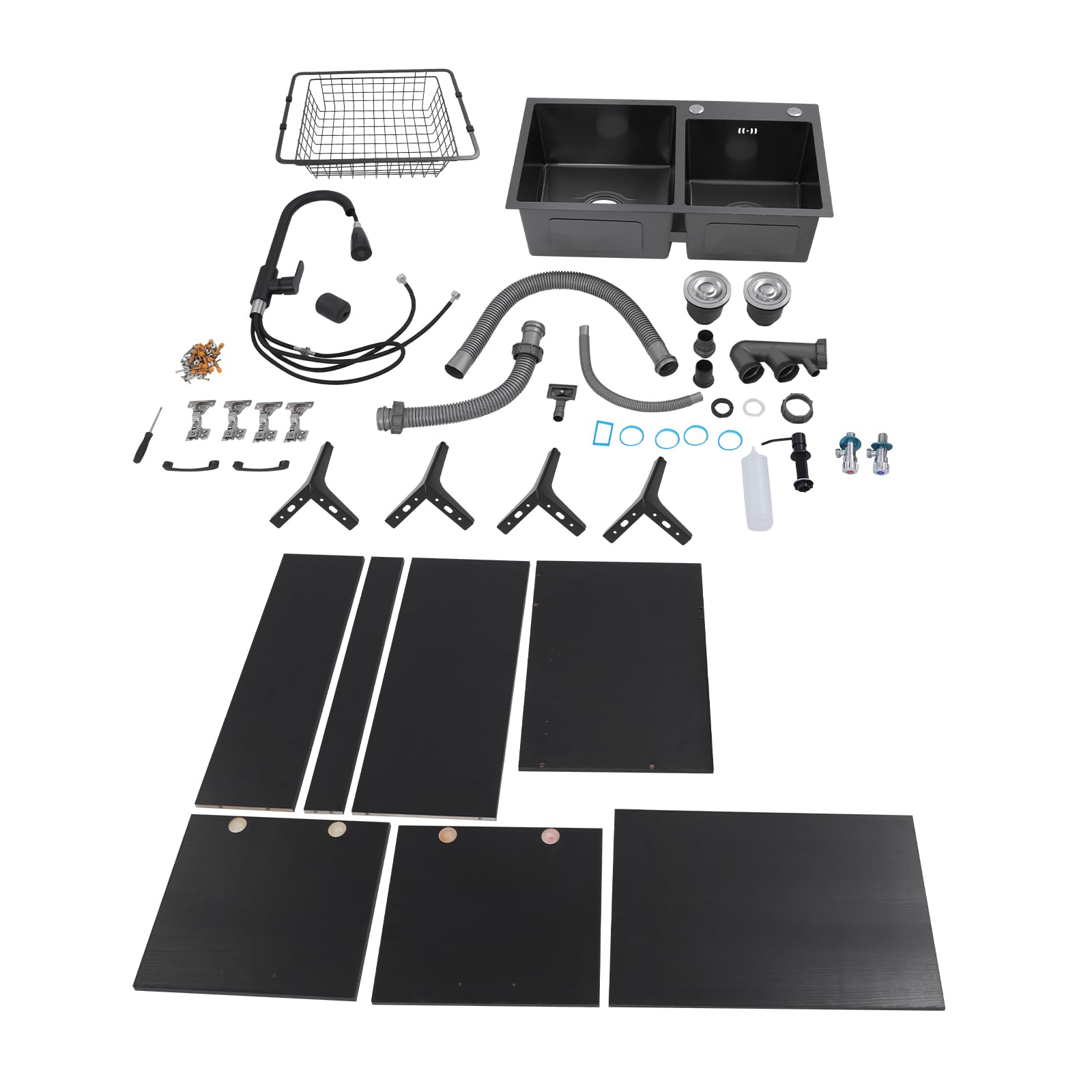 Spültisch 75 cm Breit Küche Spüle mit Unterschrank 2 Becken Ausziehbar Küchenarmatur Abtropffläche Seifenspender Abflussrohr Abflusssieb 360° Drehbarer Wasserhahn