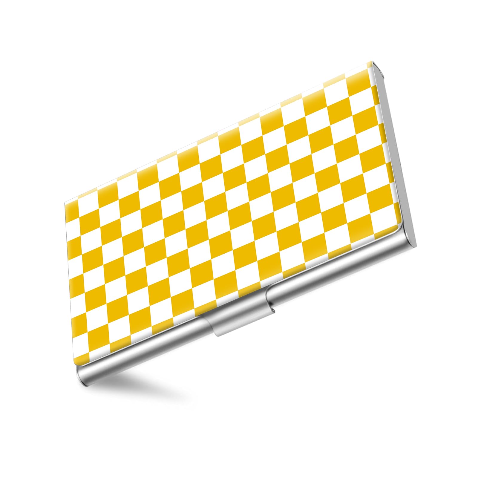 Business Card Holder, Stainless Steel Card Case, Metal Men's and Women's Business Card Case, Cute Buckle Style Card Holder, Wallet Credit ID Case for Office Yellow Checkerboard