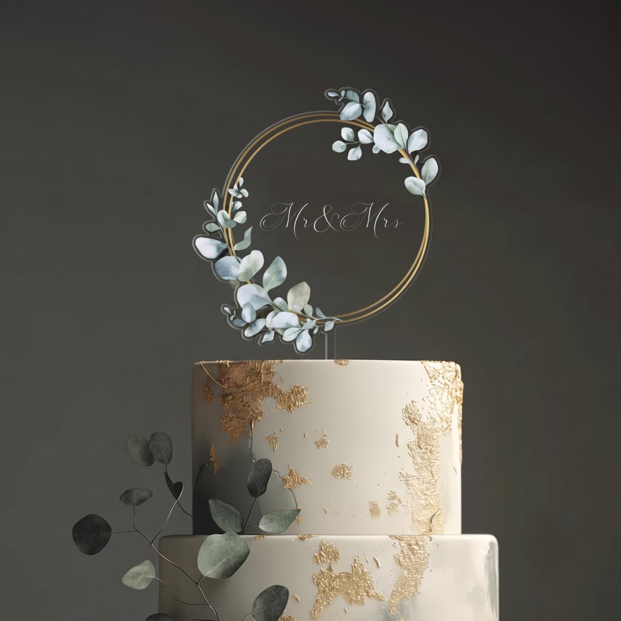 Mr & Mrs Acrylic Wedding Cake Topper with Gold Hoop & Eucalyptus Prints, Rustic Greenery Wedding Cake Decoration for Bridal Shower and Engagement & Reception
