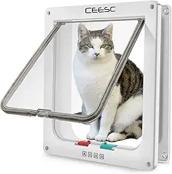 CEESC Porta de gato extragrande (tamanho externo 28 cm x 25 cm), porta grande para gatos com trava de 4 vias para portas internas externas, porta de animais de estimação à prova de intempéries para gatos e cães com circunferência < 63 cm (branca)