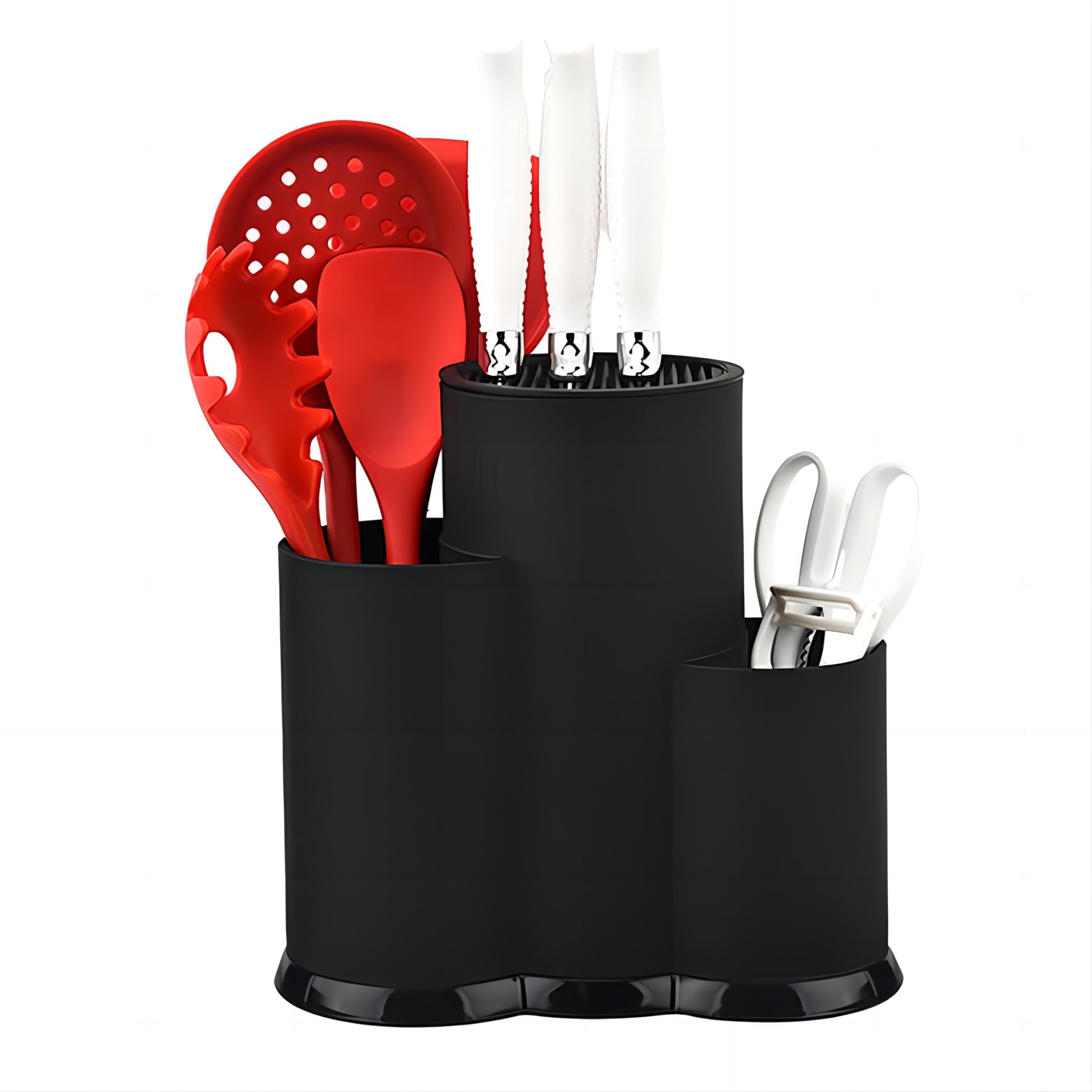 Universal Round Knife Block Without Knives, 3 in 1 Round Kitchen Knife Storage Stand with 2 Utensil Scissors Slots, Kitchen Knife Holder with Detachable Base, Space Saving Knife Storage Block-Black