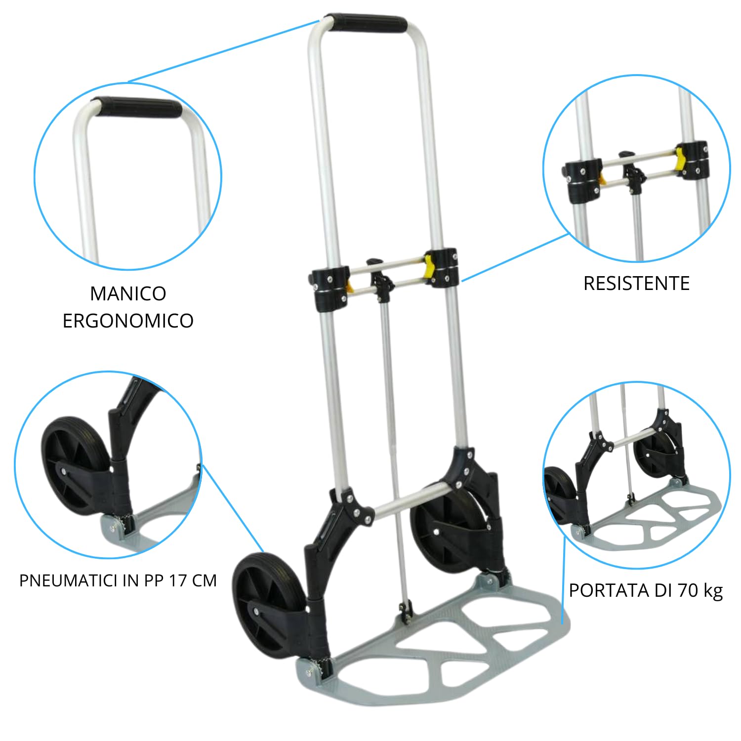 Carrello Ruote Trasporto Portatutto Pieghevole Acciaio Portapacchi Portata 70 Kg Maniglie Antiscivolo Richiudibile Salvaspazio