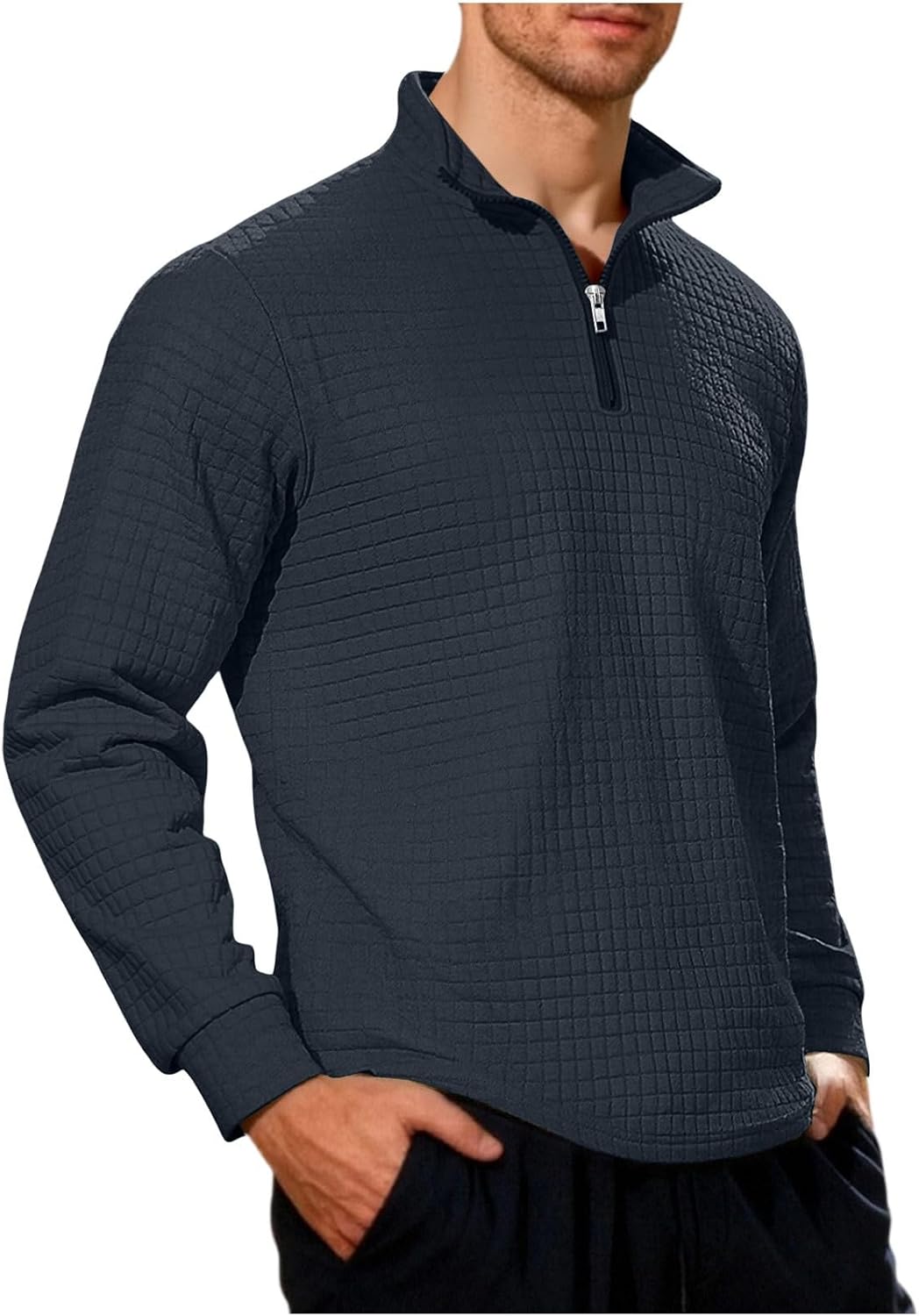 Mens Quilted Grid 1/4 Zip Shirt Stand Collar Long Sleeve Casual Top