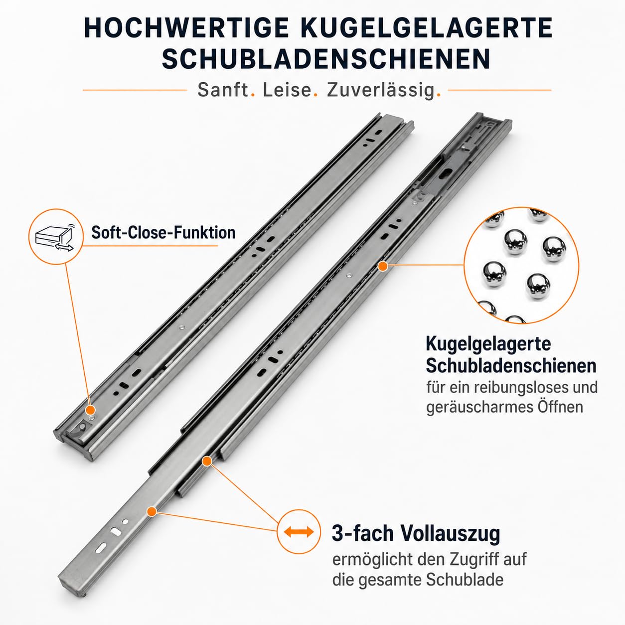 Lospitch 4 Paar (8 Stk.) Schubladenschienen Vollauszug 400mm mit Selbsteinzug, Kugelführung, verzinkter Stahl, 45 mm Schienenhöhe, bis zu 45 kg Tragkraft pro Paar