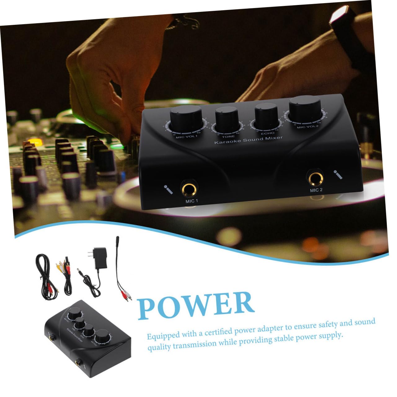 Mixer Audio Professionale per Karaoke con Doppio Ingresso Microfono | Regolazione Separata del Volume Microfono, con Cavo e Adattatore di Alimentazione