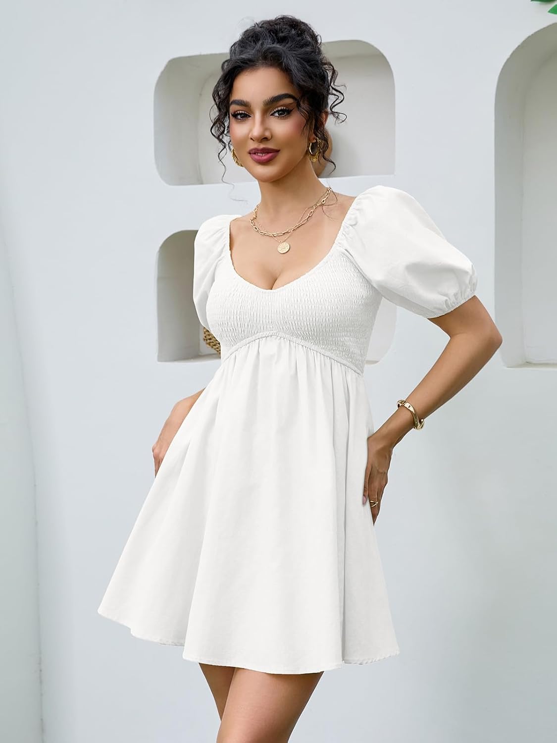 Women's Summer Casual Puff Sleeve Babydoll Dress V Neck Empire Waist Boho Swing Sundresses Beach Mini Dresses - Image 5