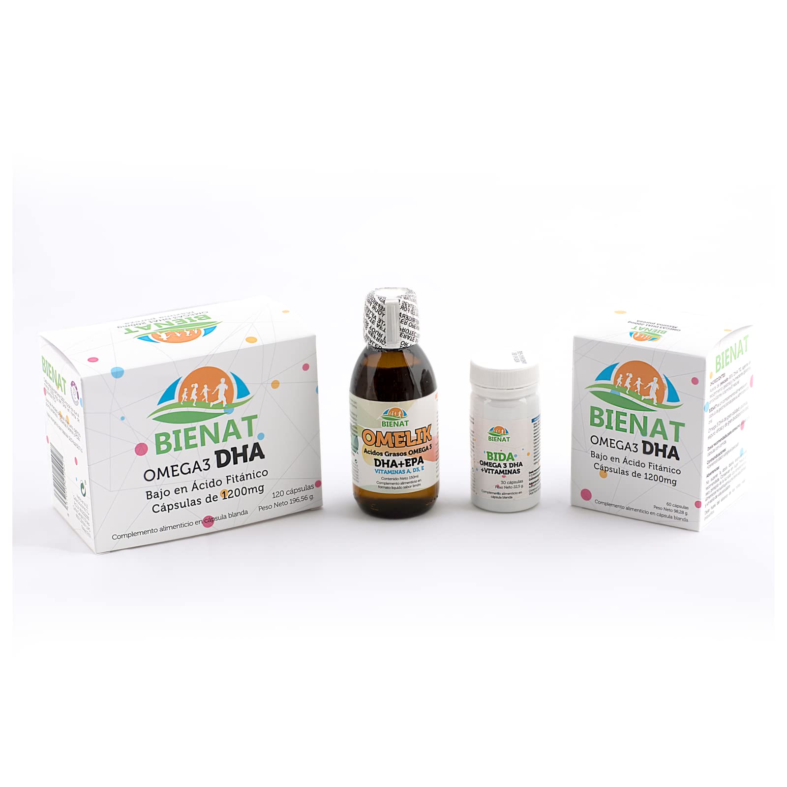 PACK Bienat Familia - Omega 3 DHA y EPA junto con Complejos Vitamínicos - Omelik + Bida + 180 Cápsulas Bienat Omega 3 (Pack Familia)