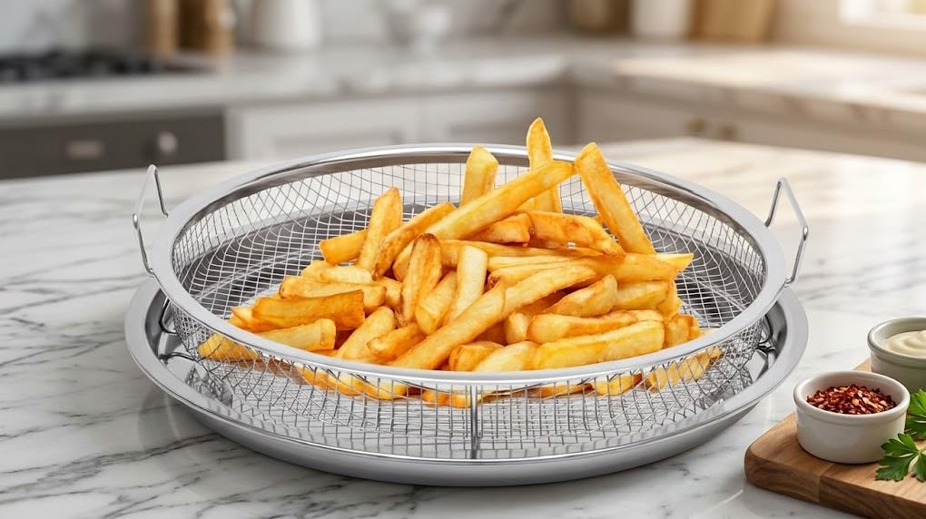 Air Fryer Mesh Basket and Tray Set Stainless Steel Round Crisper Tray for Party Snacks,Outdoor Camping Cooking, Café Use Oven,OTG,Microwave Grill,Baking, Frying Tool-image-5