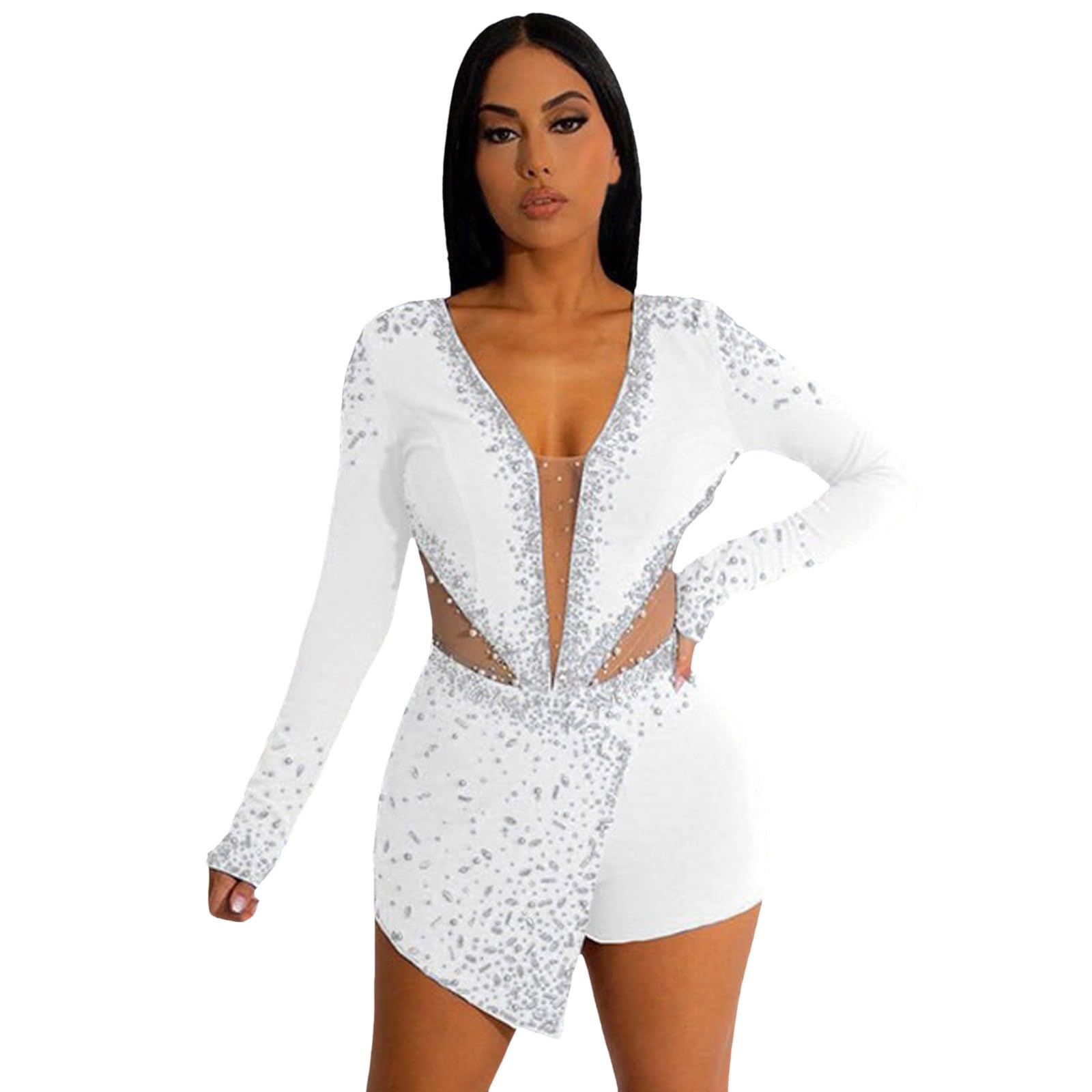Glitzer Body Damen Party Oberteil Karneval Transparent Outfit Bodysuits Mesh Sexy Blusebody Pailletten Langarm Spitzenbody Curvy Einteiliger Jumpsuit