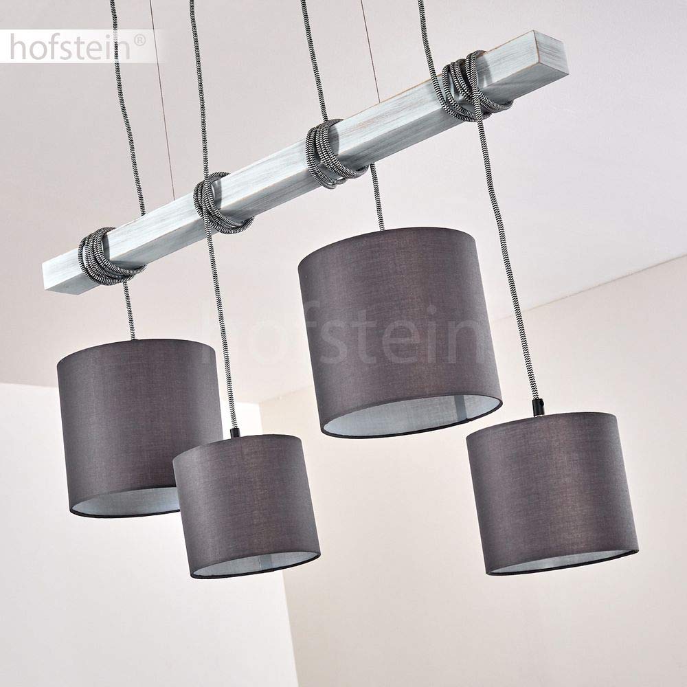 HOFSTEIN Pendelleuchte Bramois, Hängelampe aus Metall mit Textilkabel, Leuchtenschirme aus Stoff in Grau/Weiß, Hängeleuchte im Retro/Vintage-Design mit Schirmen aus Stoff, 4 x E27, Esszimmer, Küche