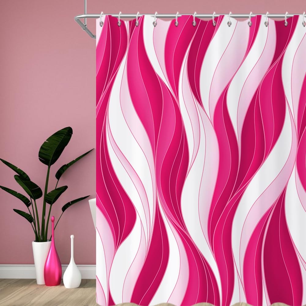 Caheansi Hot Pink Shower Curtain, Modern Abstract Hot Pink White Ombre Striped Minimalist Art Bathroom Curtain Waterproof Fabric Machine Washable with