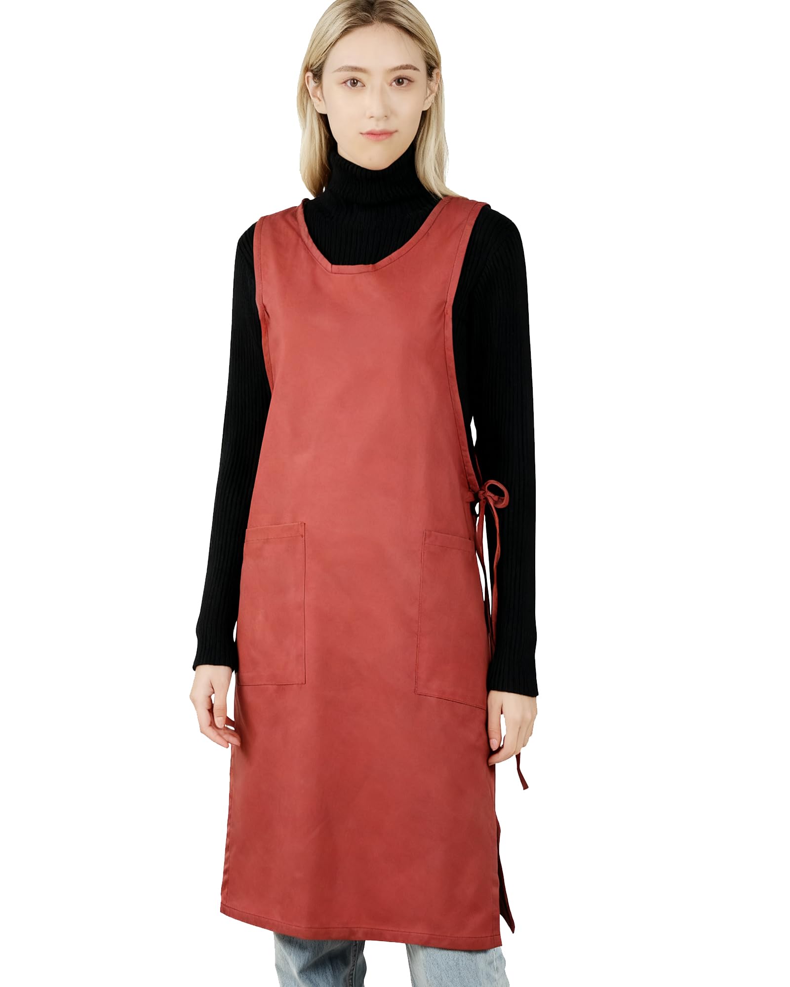Small snail Damen Japanische Stil Schürze Baumwolle Kleidschürze für Frauen Floral Unifarben Schürze mit Taschen für Blumenladen Garten Malerei Café