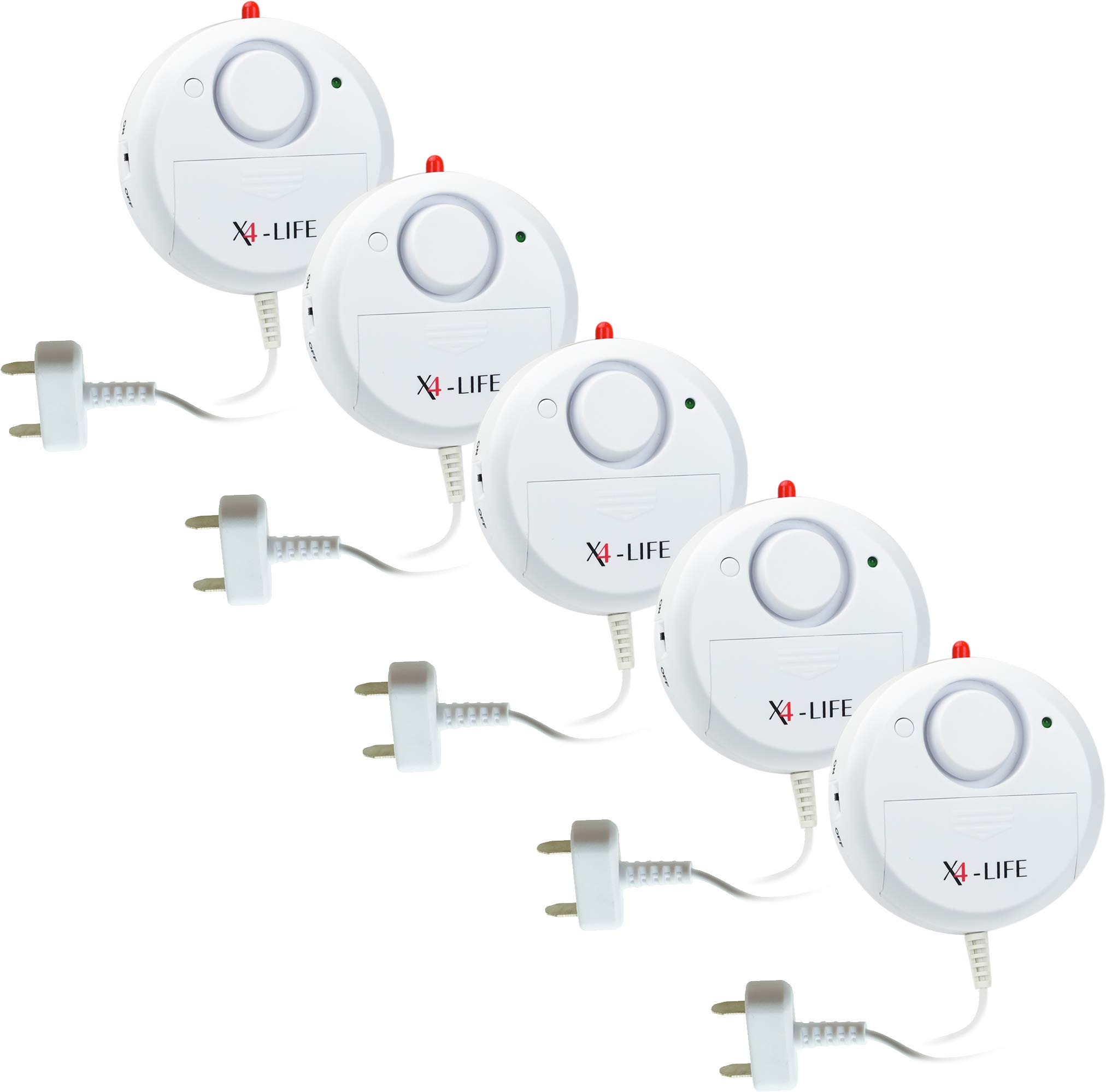 X4-LIFE Wassermelder Alarm Wasseralarm 5X Set - 120dB laut, zum Ankleben, Batteriebetrieben, Kontakt per externem Sensor - z.B. für Keller