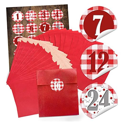 - Lot de 24 sachets cadeaux rouges en papier (13 x 18 cm) et 24 autocollants ronds 4 cm, rouge, blanc, à carreaux, de 1 à 24, à remplir, pour Noël