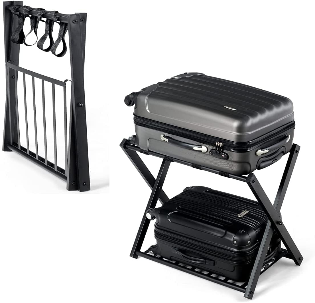 RELAX4LIFE Portaequipajes Metálicos de 2 Pisos, Estante Plegable de Equipaje para 2 Maletas, Soporte de Equipaje para Dormitorio y Hotel, Negro, 68x44x57cm (1 Paquete)