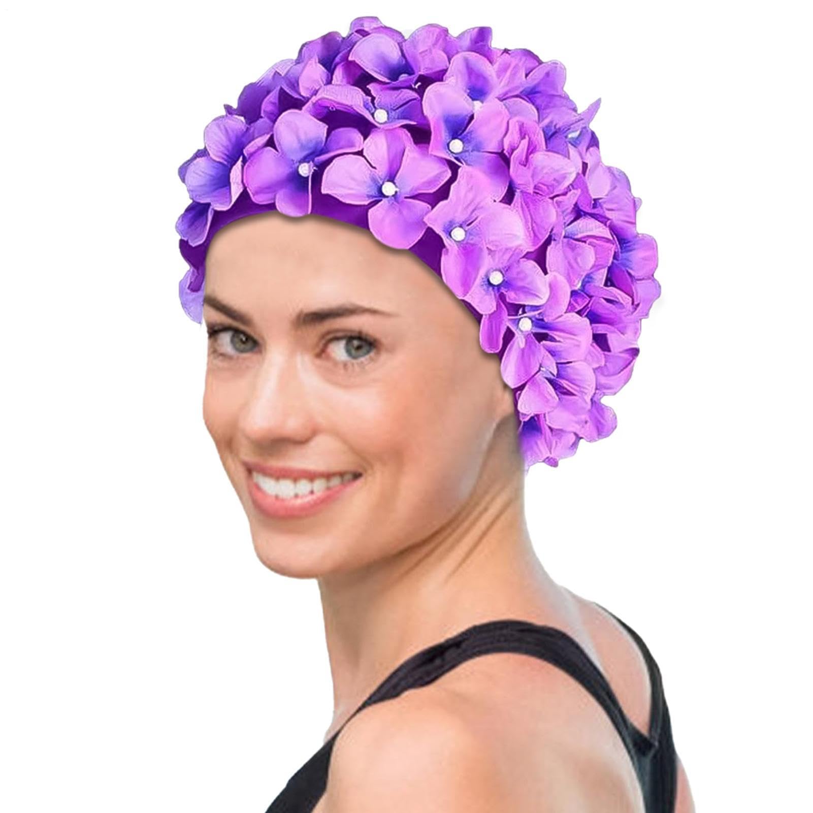 Flower Swim Cap | Floral Petal Swimming Hat | Retro Style Bathing Cap | Retro Floral Flower Fashion Elastic Bath Hat | For Water Parks Swimming Pool | For Long/Short Hair | 6 Colors