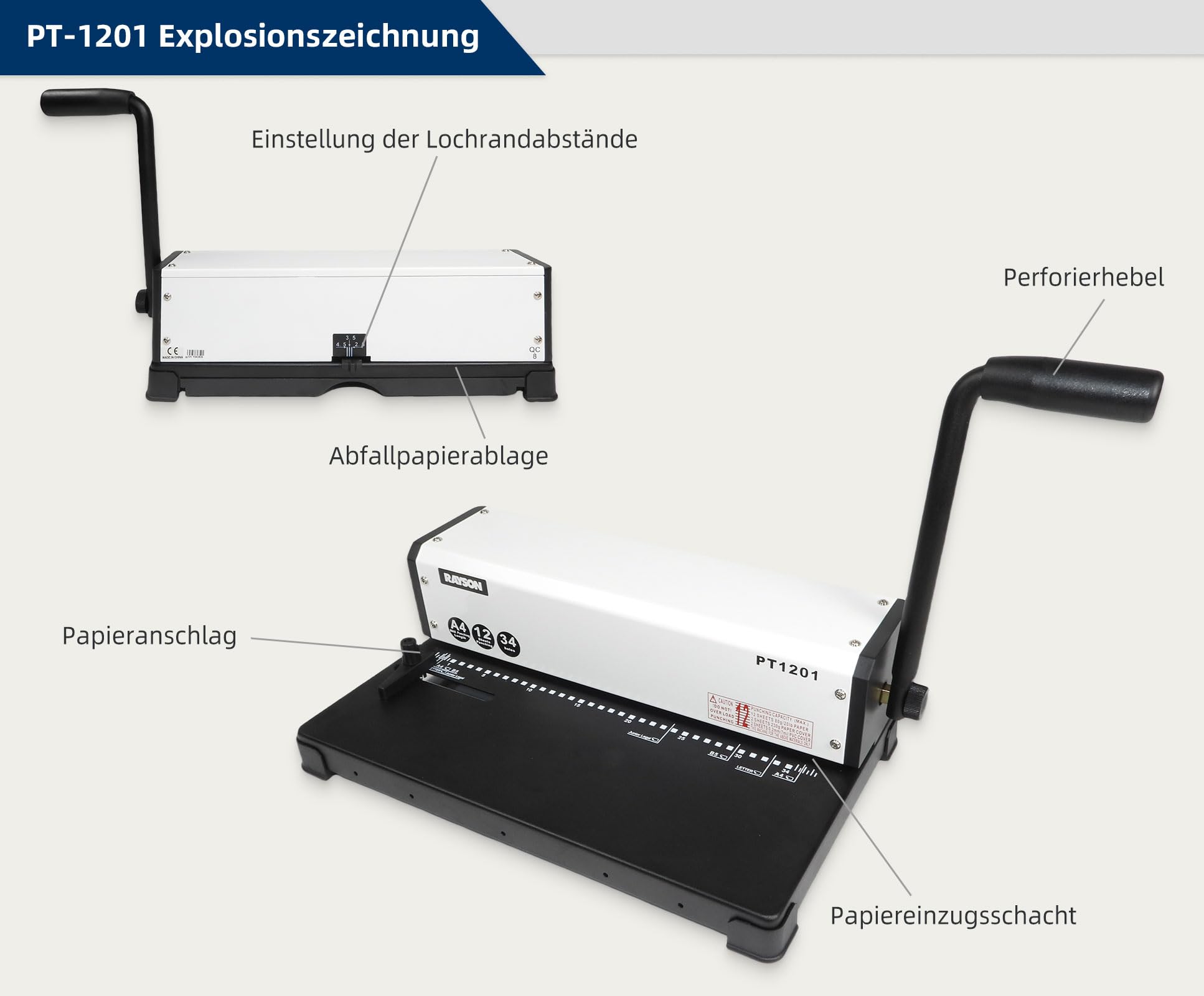 RAYSON Bindemaschine, 34 Löcher, 12-Blatt-Locher, PT-1201 | Robuste Metallkonstruktion