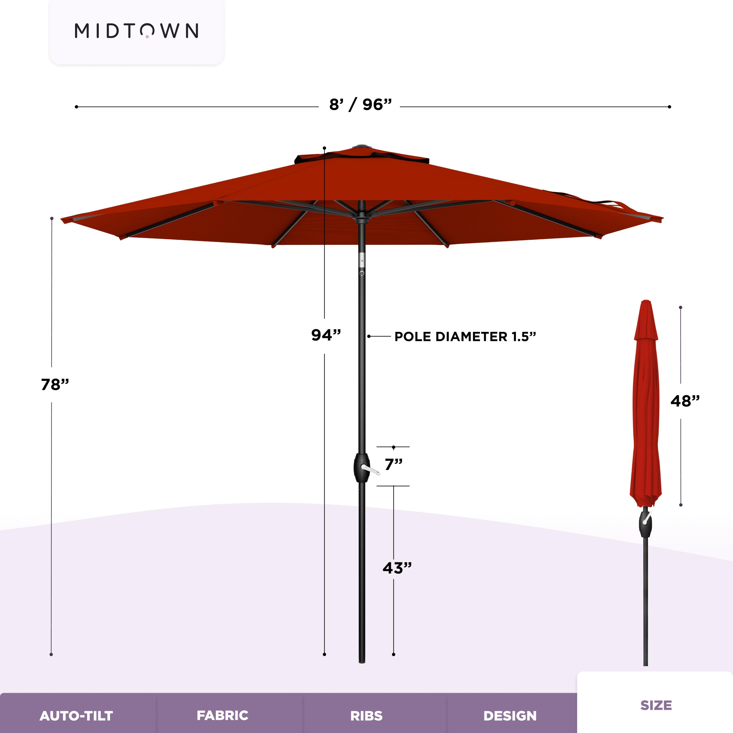 Midtown Umbrellas - 10-Year-No-Fade 8 Ft Patio Umbrella with Terylast Fabric, Auto-Tilt Aluminum Frame and 8 Reinforced Ribs for Deck, Pool, Garden & Beach