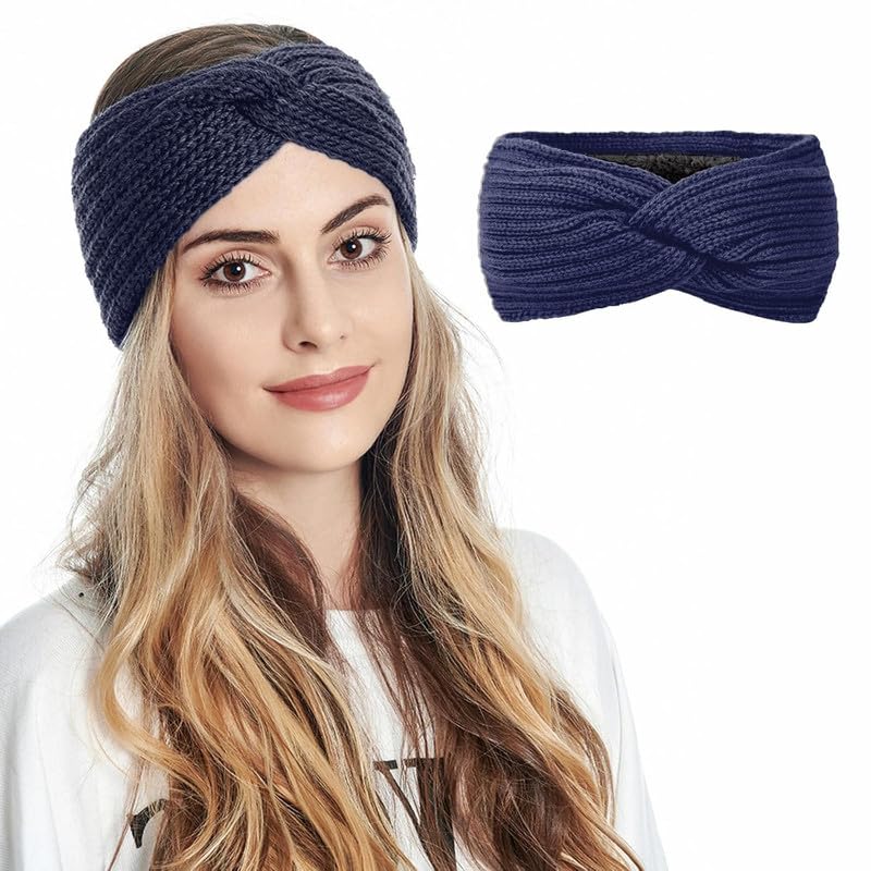 capichino Winter Knit Crochet Turban Headband for Women Warm Bulky Crocheted Headwrap Ear Warmer Winter Accessories (Blue)-picture-49