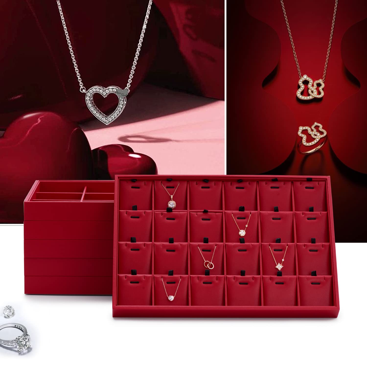 Oirlv Magnifique plateau à bijoux en cuir rouge empilable pour présentation de bijoux