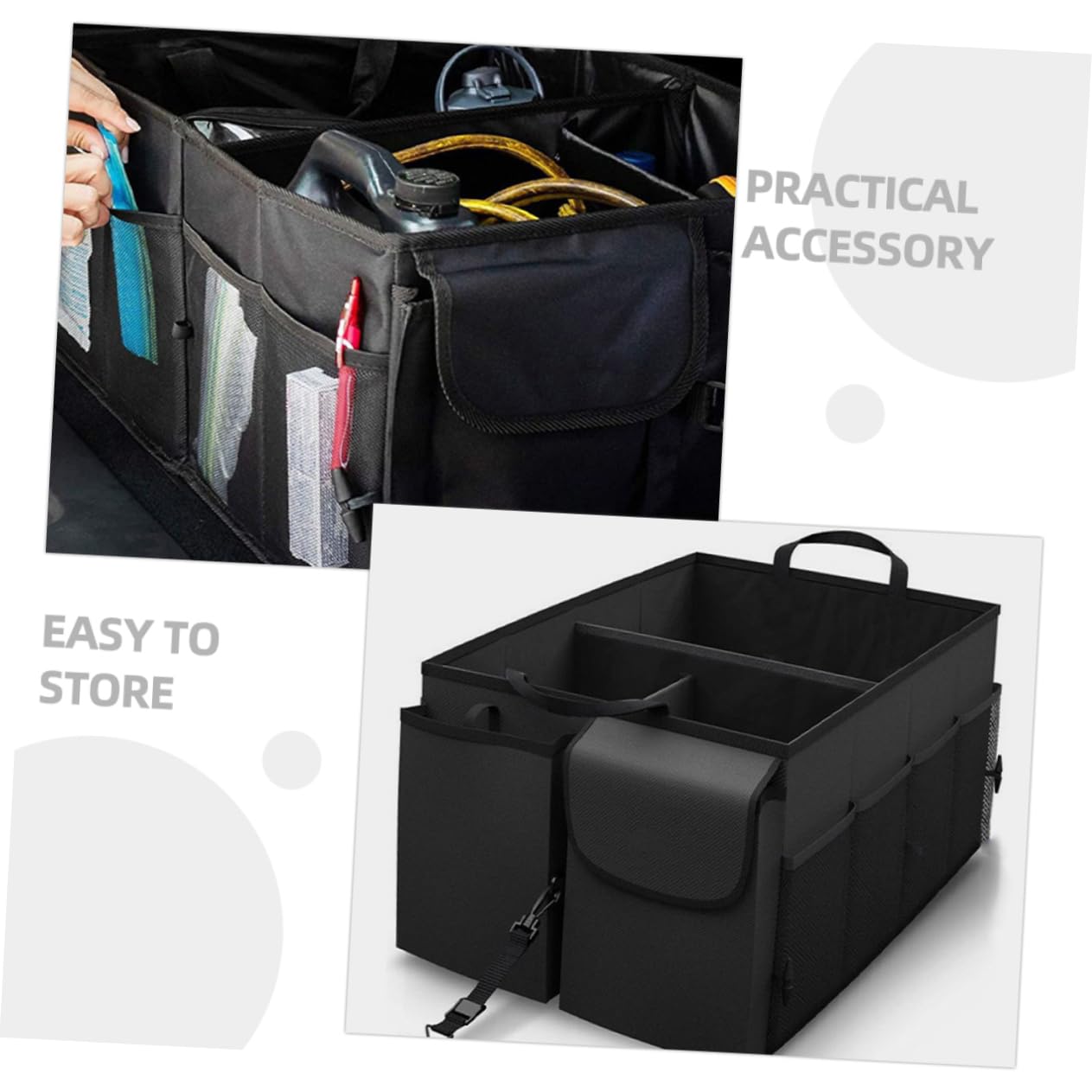 Auto Kofferraum Organizer aus Oxford Stoff Robust und Faltbar mit Mehreren Fächern und Taschen Schwarz für Suv und Autoaufbewahrung