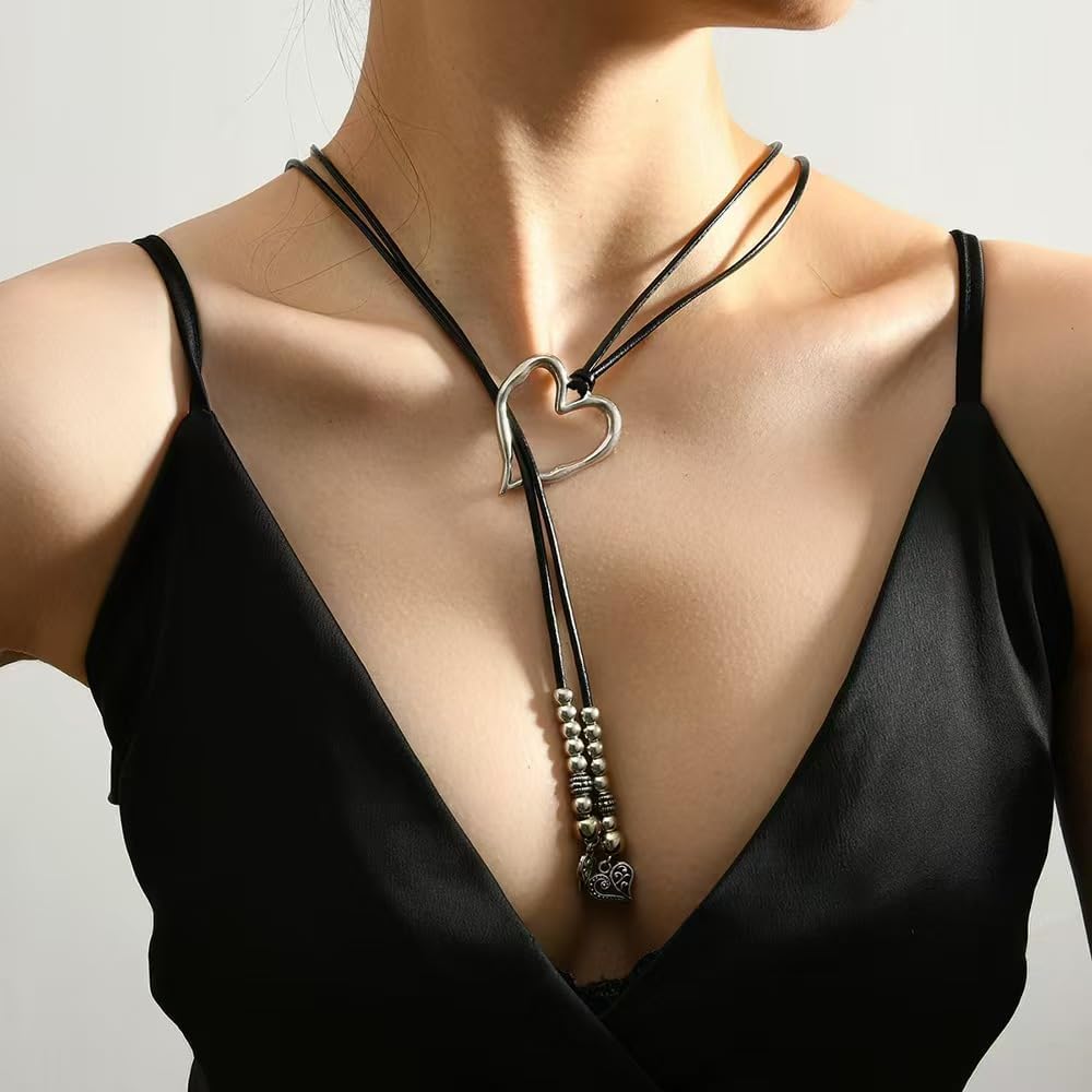 Heart Slip Chain Necklace for Women, Stainless Steel Leather Slip Chain Choker, Adjustable Gothic Heart Pendant Necklace - Image 2