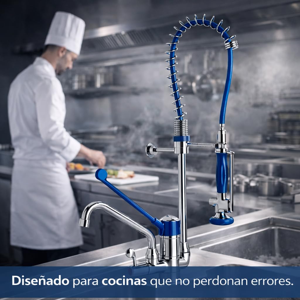 Genebre - Grifo Columna Prelavado Profesional 1803 04 | Grifo Industrial Monomando con Ducha Extraíble y Maneta Médica | Cocina Profesional, Hostelería, AISI 304 Inoxidable