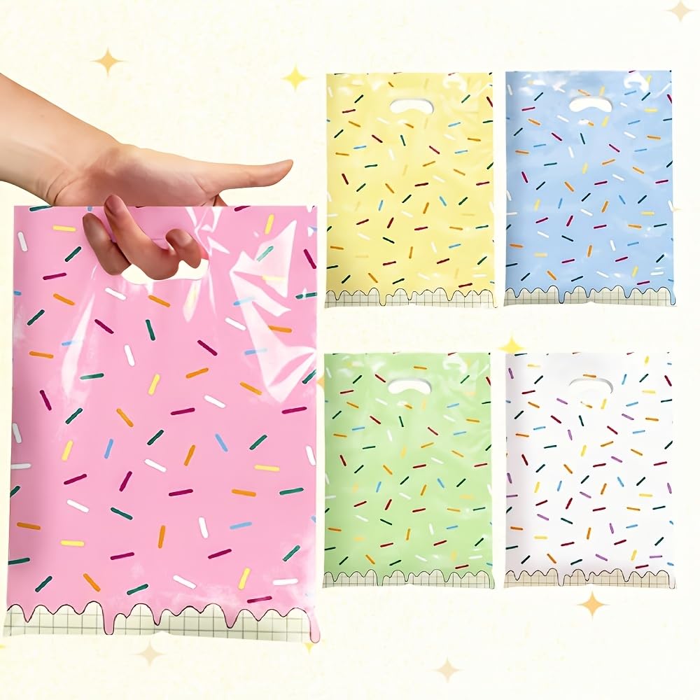 50pcs Sprinkle Party Favor Bags, Donut Themed Plastic Gift Bags with Handles, Candy Treat Bags for Birthday, Ice Cream and Sweet Themed Parties Mixed Color