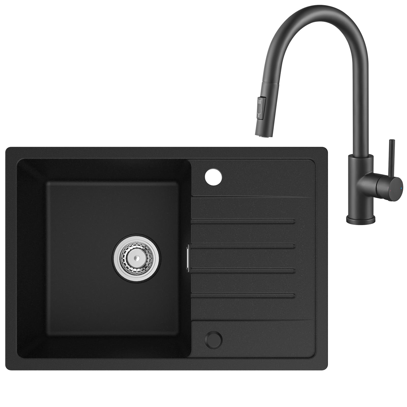 CECIPA Fregadero Negro con Grifo Extensible 65 x 45 cm, Fregadero de Cocina de Granito, Fregadero de Cocina con Instalación Reversible, Lavabo de Cocina incl. Sifón y Conjunto de Salida y Rebosadero